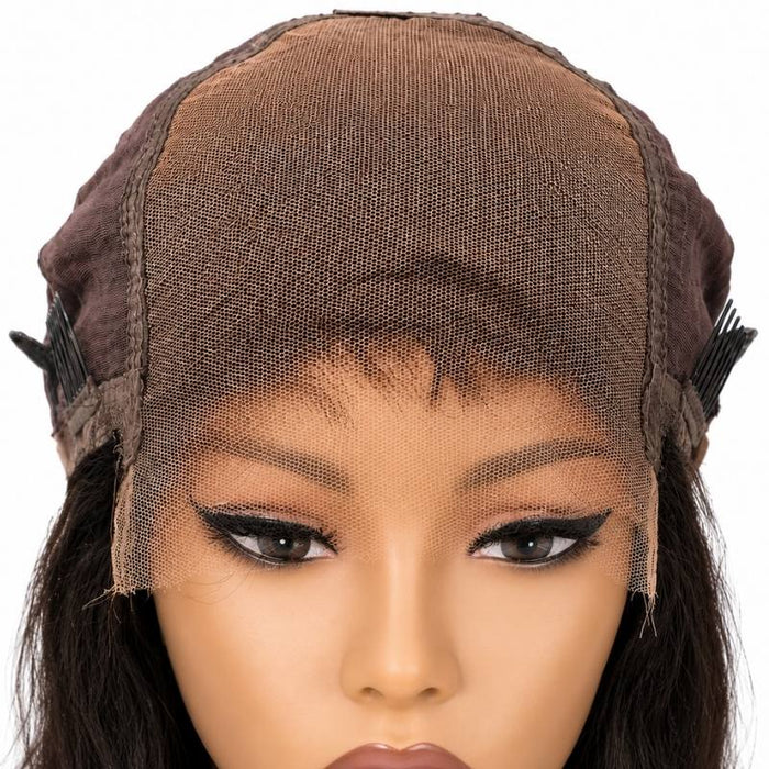 The Glueless Body Wave wig's cap flipped forward on a mannequin, showing the lace and combs
