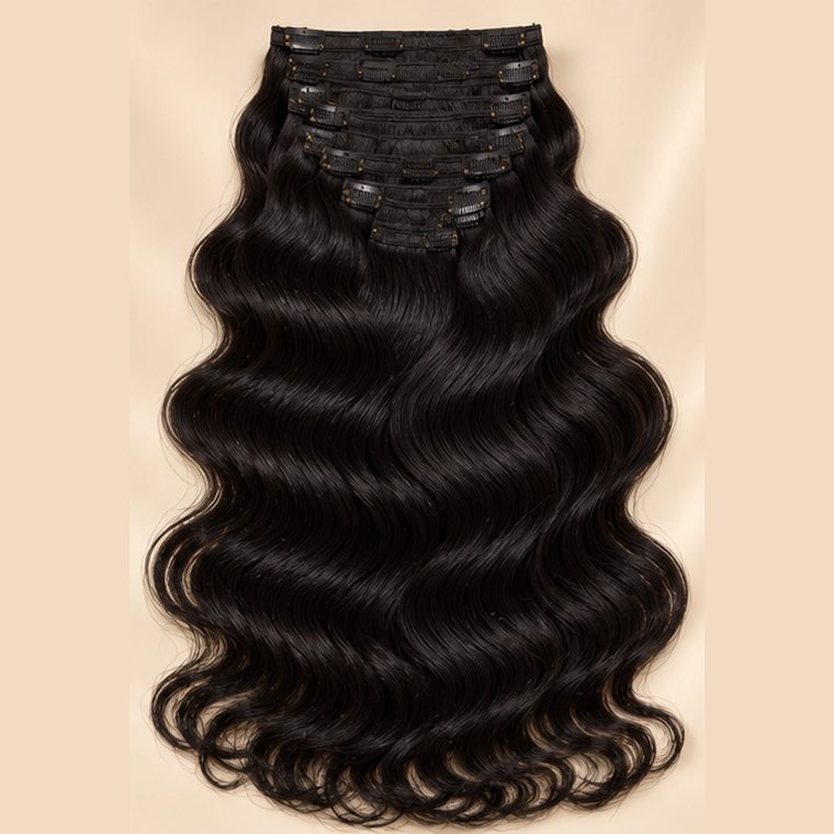 A clip-in set laid flat, wefts stacked