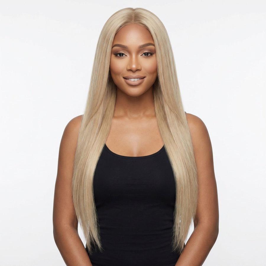 Warm Honey Blonde Seamless Clip-ins on a model