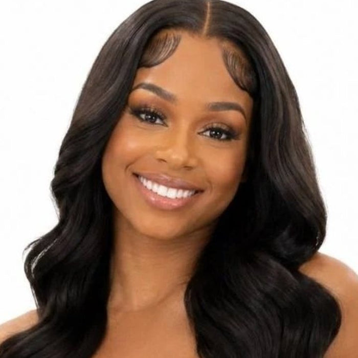 Close-up of the Glueless Body Wave wig framing the face, showing the part and hairline
