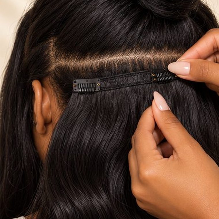 Fingers opening a clip and snapping a weft in close to the root