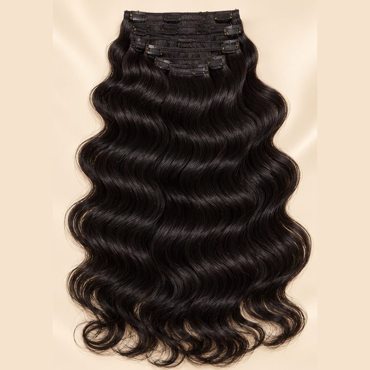 Clip-in set with stacked wefts, laid flat