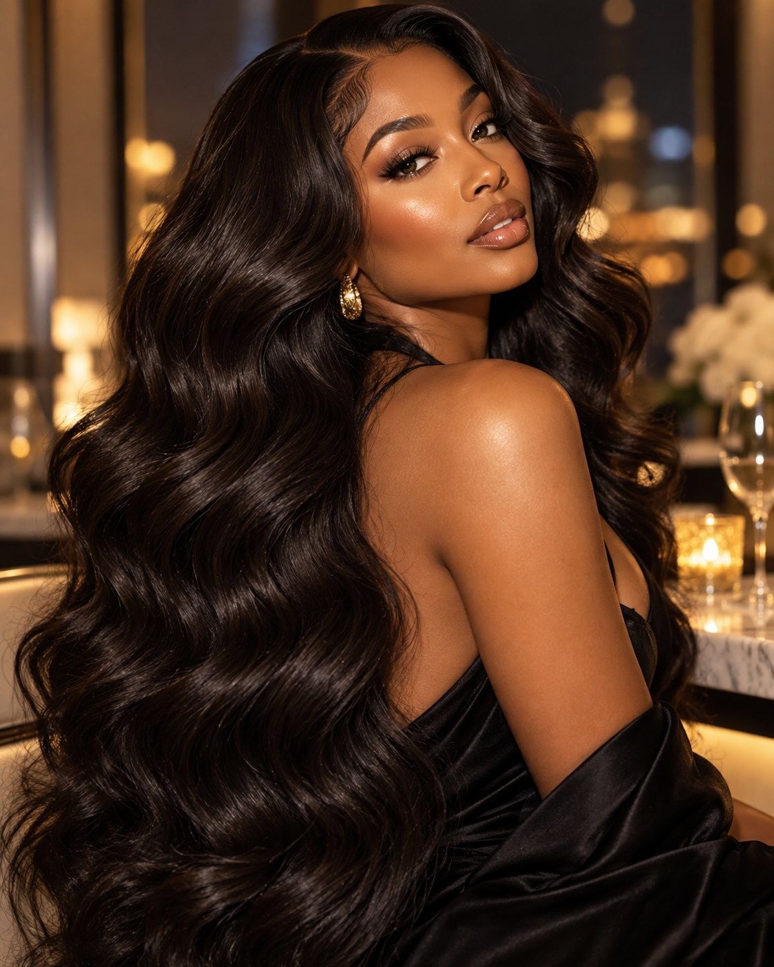 Woman with long, glossy black body-wave hair looking back over her shoulder in a candlelit restaurant at night
