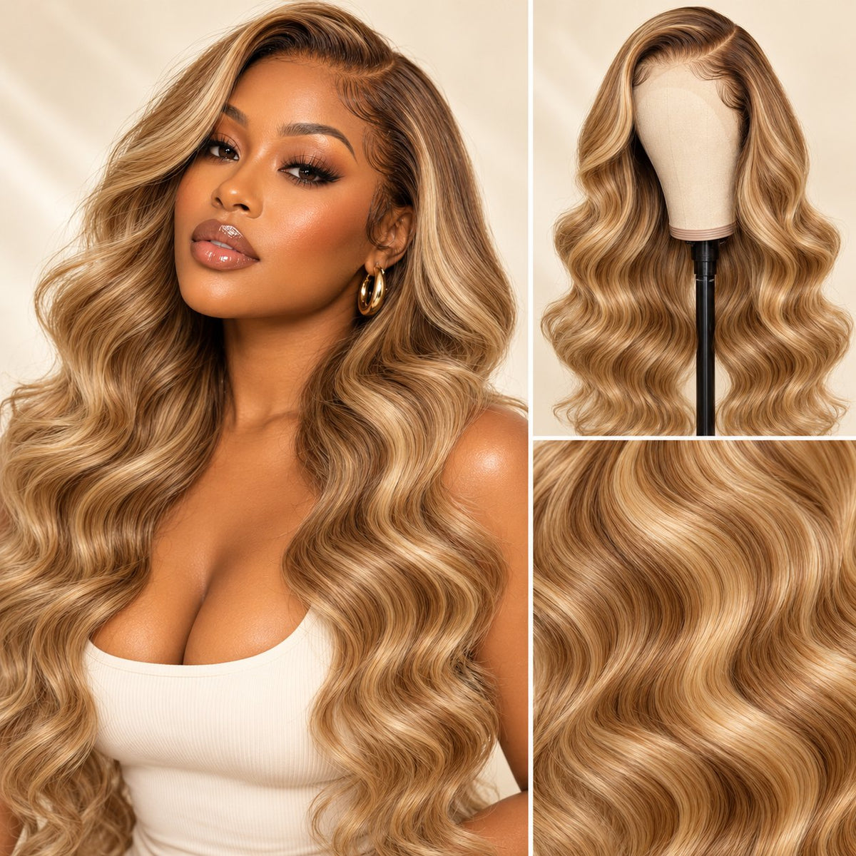 Style image: woman with long honey blonde highlighted body waves, the wig on a mannequin, and a close-up of the highlights