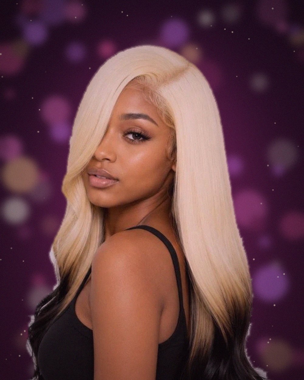 Campaign concept: woman with platinum two-tone hair against evening party lights