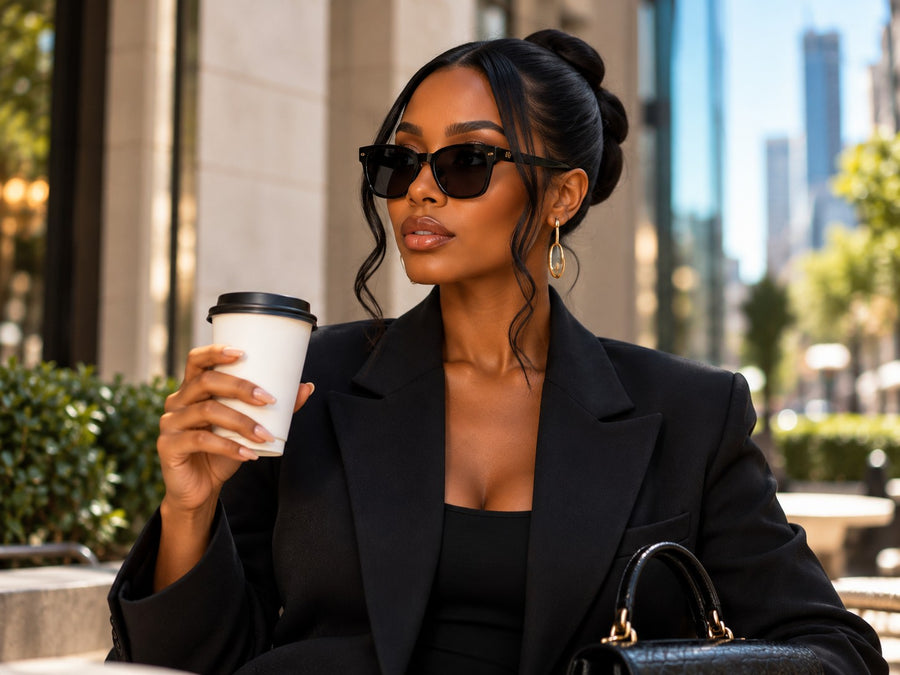 Woman with a sleek black bun and sunglasses, holding a coffee on a city street