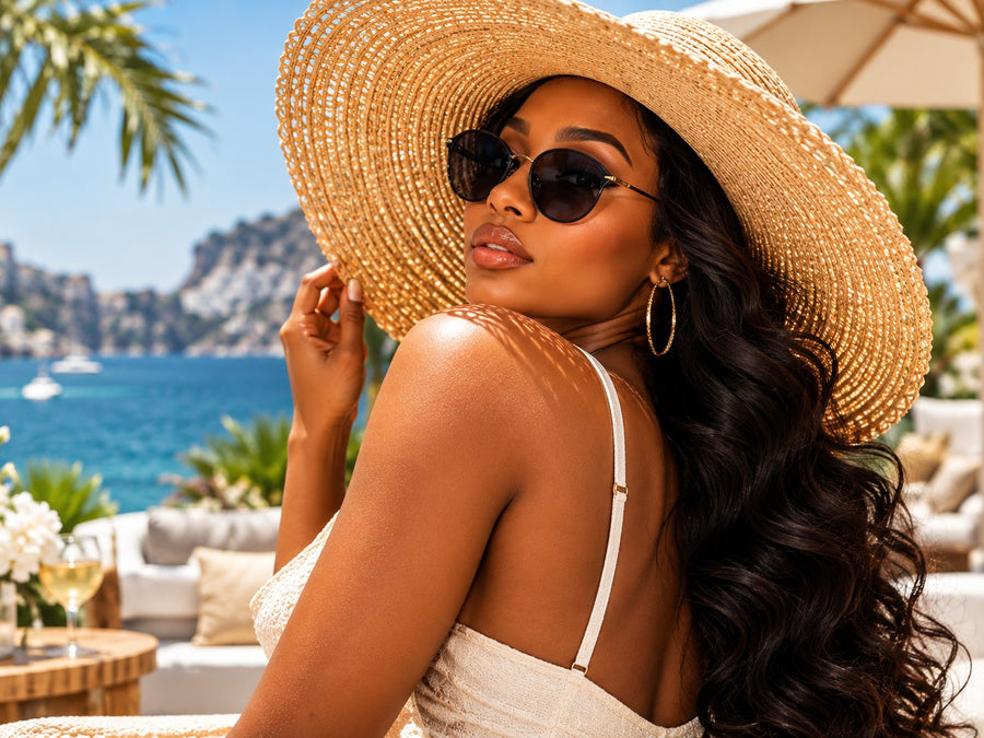 Woman with long black waves in a straw sun hat by the sea