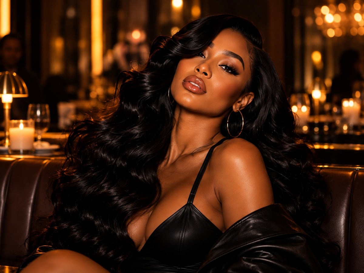 Woman with long, voluminous black body waves in a black leather top at a candlelit lounge