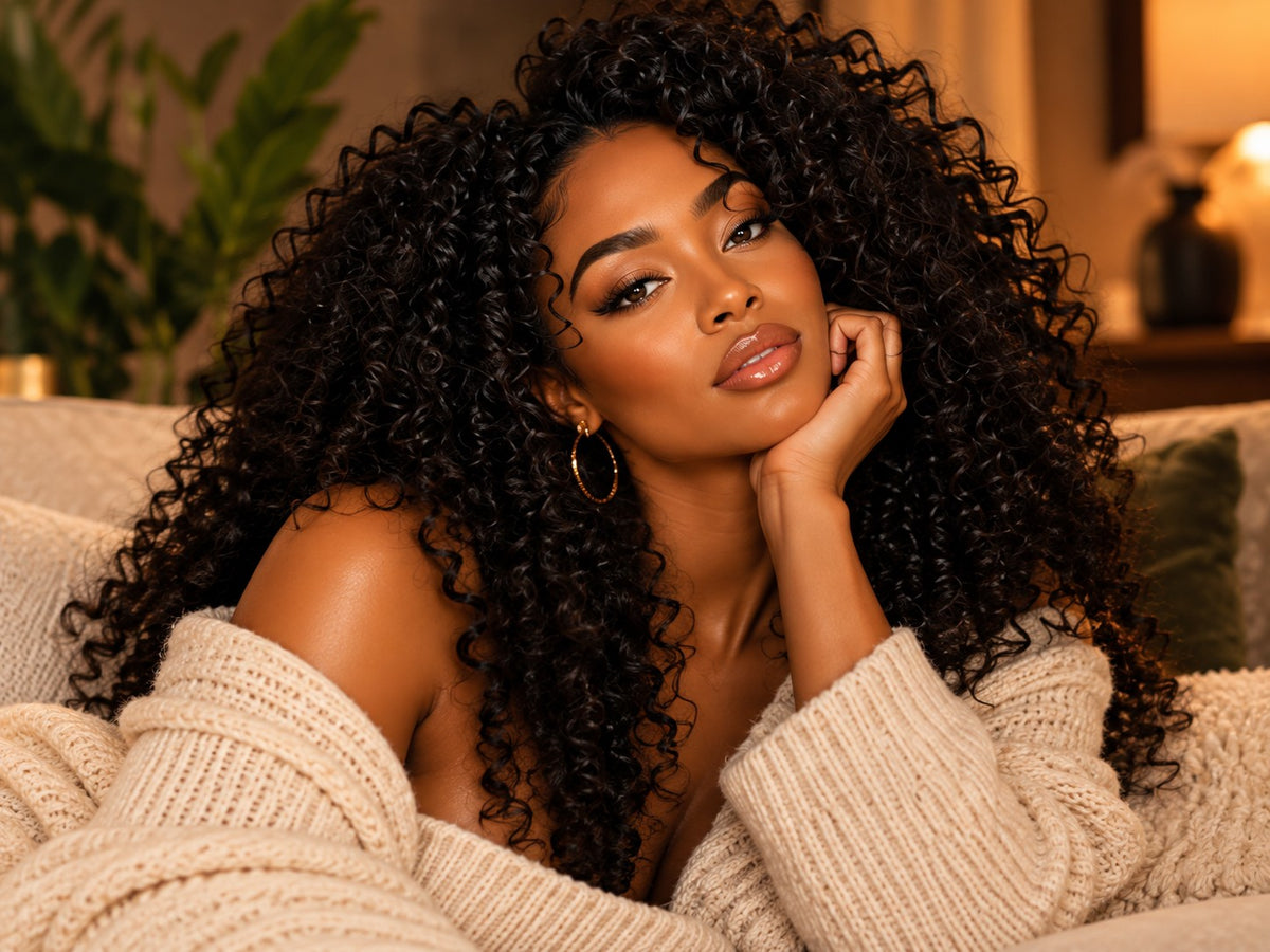Woman with full, voluminous curly hair in a cream knit sweater, relaxing on a sofa
